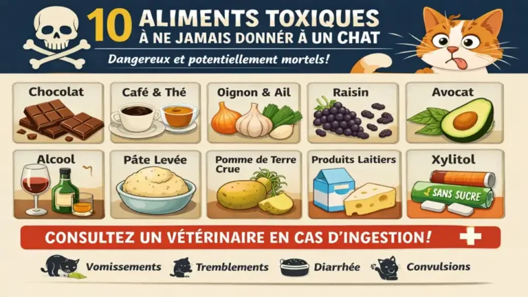 aliments toxiques pour chat avec chocolat oignon raisin avocat alcool et xylitol présentés en visuel explicatif pour la prévention vétérinaire