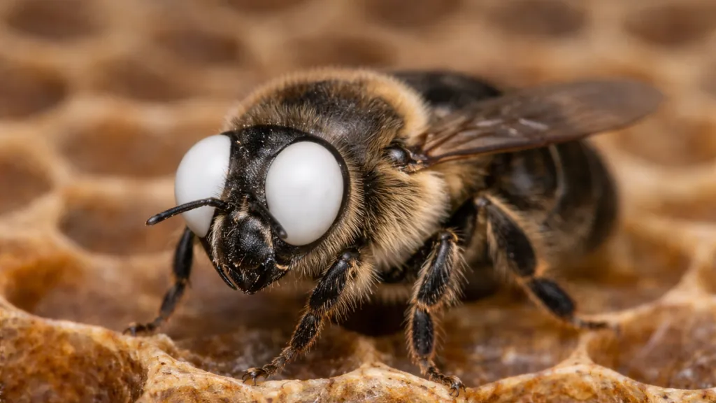 abeille aux yeux blancs mutation génétique faux bourdon sur alvéoles de ruche en macro réaliste