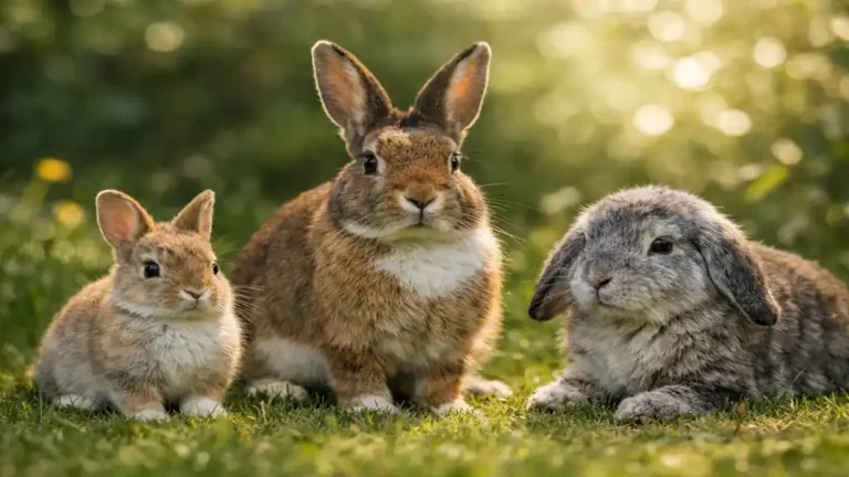 Lapins à différents âges (jeune, adulte et senior) illustrant l’évolution de l’âge du lapin comparé à l’âge humain dans un environnement naturel lumineux