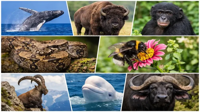 collage d’animaux en b avec baleine bison bonobo boa bourdon bouquetin et buffle dans différents habitats naturels