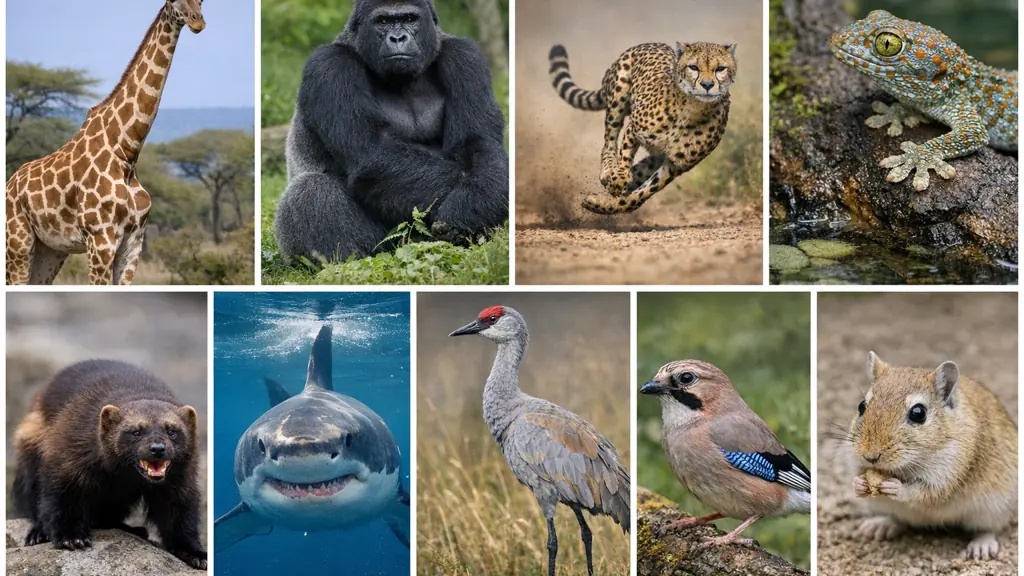 collage animaux en g girafe gorille guépard gecko grenouille glouton requin grue geai gerbille
