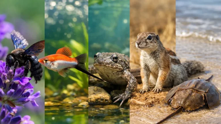 montage réaliste horizontal de plusieurs animaux en X avec un xylocope sur une fleur violette, un xipho en aquarium, un xénope aquatique, un xérus africain et un xiphosure sur le rivage