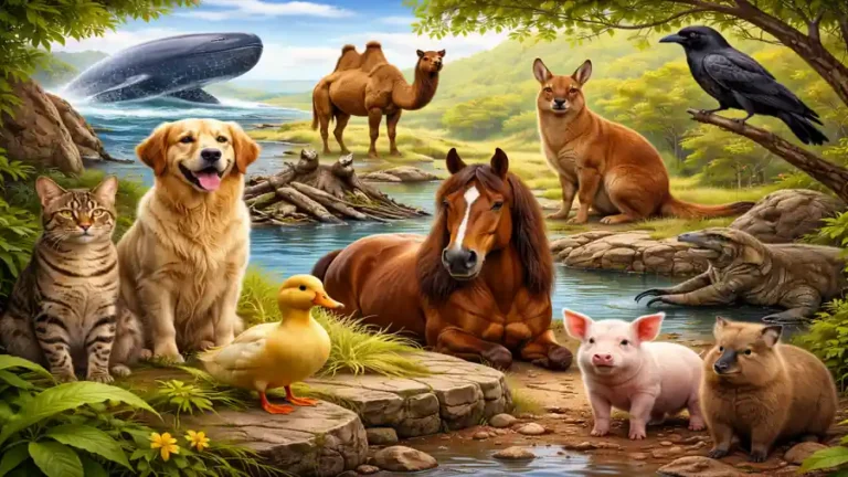 illustration réaliste de plusieurs animaux en C dont chat, chien, canard, cheval, cochon, castor, crocodile et capybara dans un paysage naturel