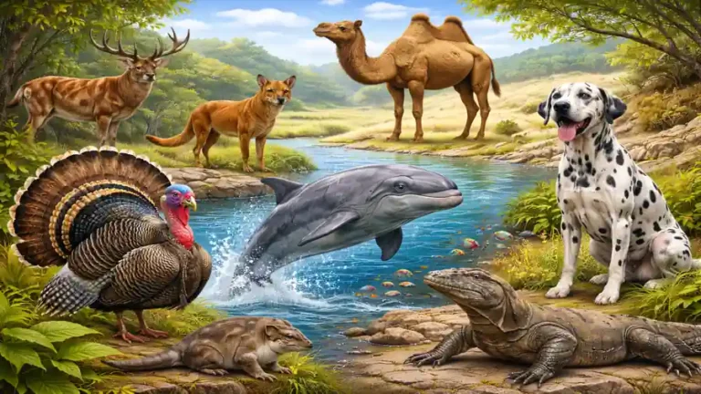 illustration réaliste de plusieurs animaux en D dont dauphin, dromadaire, dinde, dingo, daim, dalmatien et dragon de Komodo dans un paysage naturel
