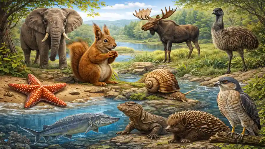 illustration réaliste de plusieurs animaux en E dont éléphant, écureuil, élan, émeu, escargot, étoile de mer et épervier dans un paysage naturel