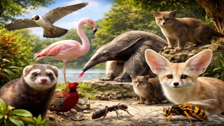 Illustration réaliste d’animaux commençant par la lettre F : fennec, flamant rose, faucon, furet, faisan et fourmilier dans un paysage naturel lumineux.
