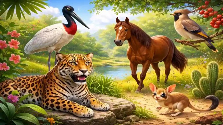 illustration réaliste de plusieurs animaux en J dont jaguar, jabiru, jument, jerboa et jaseur dans un paysage naturel