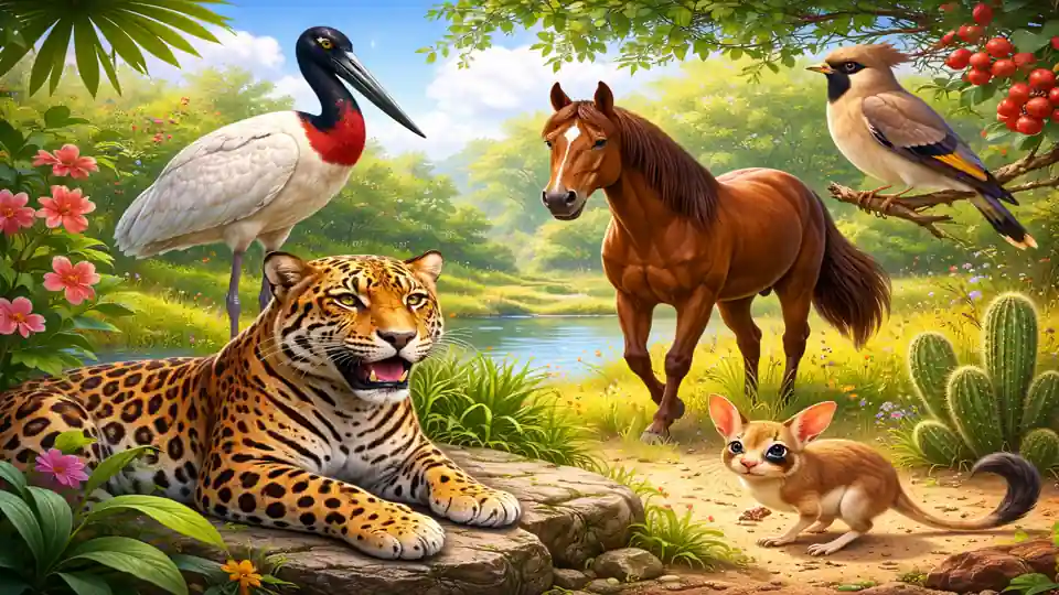illustration réaliste de plusieurs animaux en J dont jaguar, jabiru, jument, jerboa et jaseur dans un paysage naturel