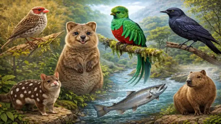 illustration réaliste de plusieurs animaux en Q dont quokka, quetzal, quiscale, quéléa, quoll et saumon quinnat dans un paysage naturel