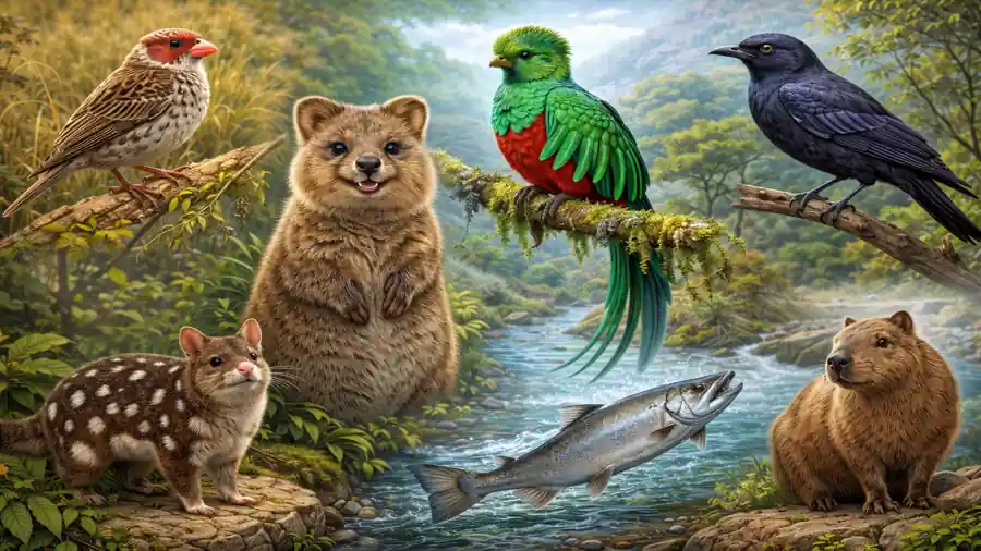 illustration réaliste de plusieurs animaux en Q dont quokka, quetzal, quiscale, quéléa, quoll et saumon quinnat dans un paysage naturel