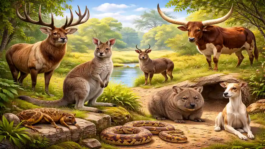 illustration réaliste de plusieurs animaux en W dont wapiti, wallaby, wombat, watussi, whippet et python woma dans un paysage naturel