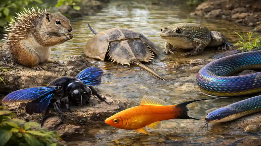 Illustration réaliste d’animaux commençant par la lettre X : xérus, xylocope, xiphosure, xénope, xénopeltis et xiphophore dans un environnement naturel lumineux.