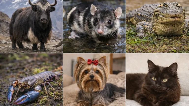 Collage réaliste d’animaux commençant par Y : yak en montagne, yapock dans l’eau, yacaré sur berge, yabby (écrevisse) au sol, yorkshire terrier et chat York Chocolate.