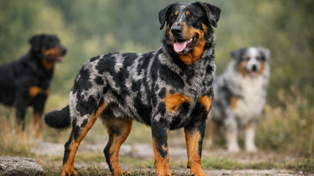 Beauceron arlequin adulte au pelage noir, gris et feu debout en extérieur dans un décor naturel flou