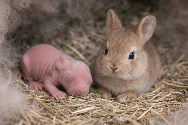 lapereau nouveau-né sans poils et jeune lapin avec pelage sur un nid de paille montrant les étapes de développement