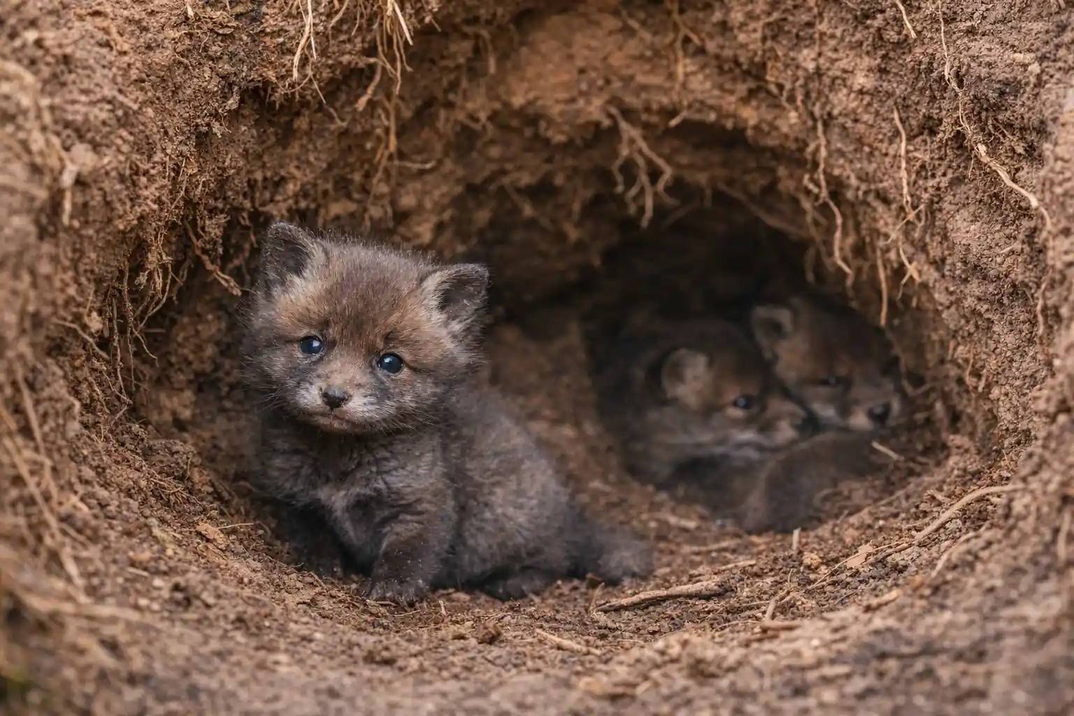 bébé renard dans son terrier avec deux renardeaux en arrière-plan, pelage sombre et regard curieux en lumière naturelle