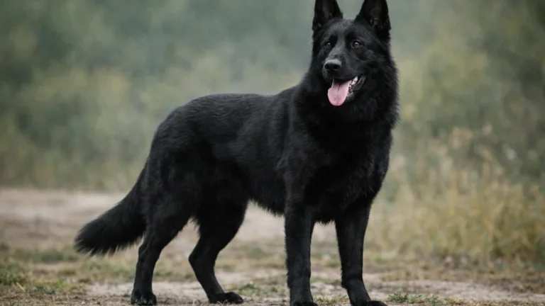 Berger allemand noir adulte debout en extérieur avec pelage entièrement noir et silhouette athlétique