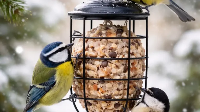 boule de graisse pour oiseaux dans une mangeoire métallique avec mésanges se nourrissant en hiver sous la neige