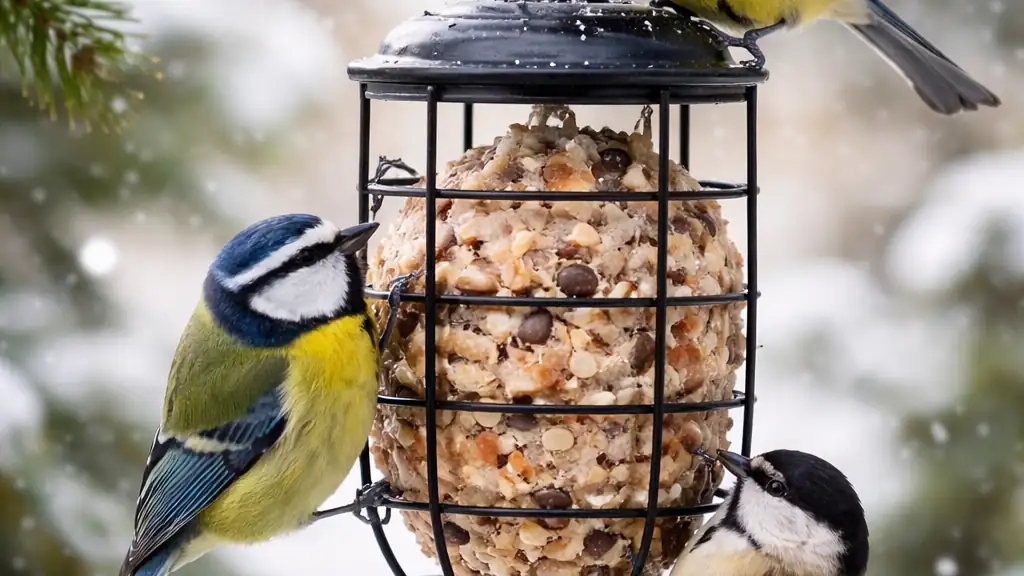 boule de graisse pour oiseaux dans une mangeoire métallique avec mésanges se nourrissant en hiver sous la neige