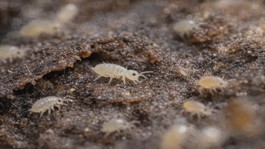 Collemboles blancs sur substrat humide en macro, microfaune décomposeuse utilisée en terrarium bioactif