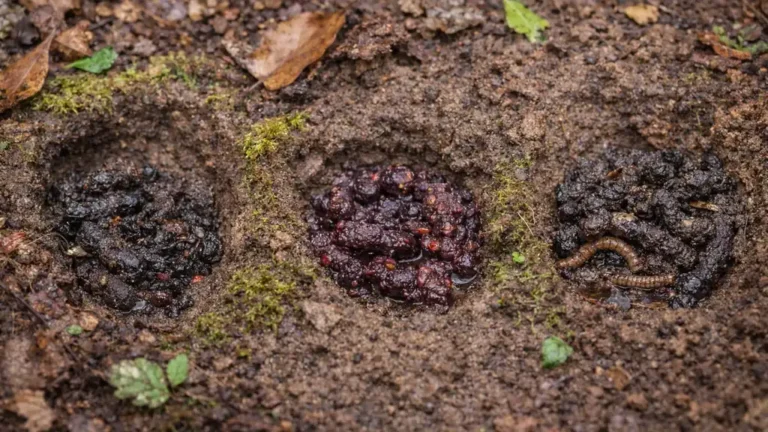 Latrines de blaireau en forêt : trois fosses creusées dans le sol contenant des crottes avec pépins et fragments alimentaires, indice typique de présence du blaireau.