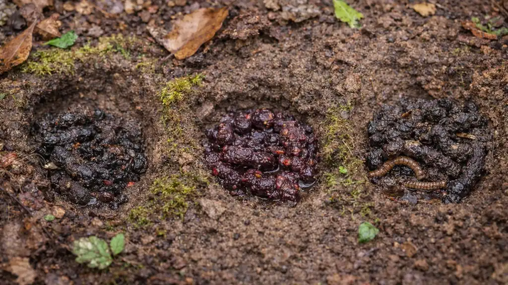 Latrines de blaireau en forêt : trois fosses creusées dans le sol contenant des crottes avec pépins et fragments alimentaires, indice typique de présence du blaireau.