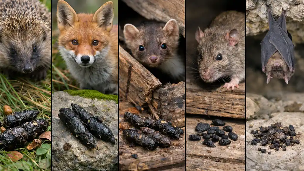 Crottes de différents animaux nocturnes (hérisson, renard, fouine, rat, chauve-souris) permettant d’identifier l’espèce selon la forme et l’emplacement
