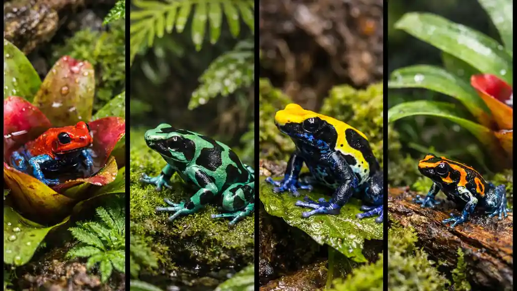 Dendrobate (grenouille poison) dans un terrarium tropical humide, posée sur de la mousse avec broméliacées et feuillage, ambiance vivarium réaliste.
