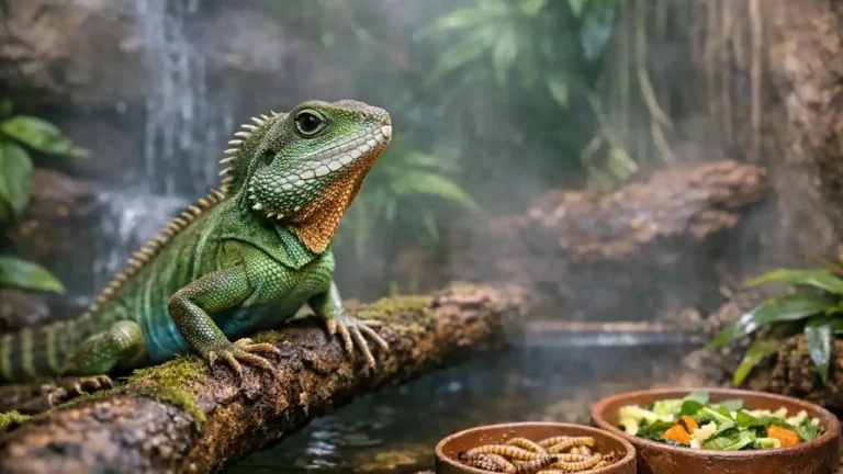 Dragon d’eau asiatique dans un terrarium tropical humide avec bassin, branches et alimentation adaptée illustrant ses conditions de vie en captivité