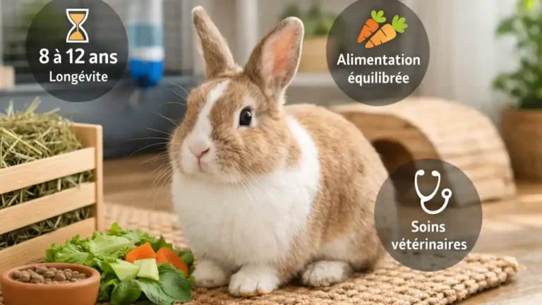 Lapin domestique dans un environnement intérieur avec foin et légumes illustrant les facteurs influençant la durée de vie du lapin