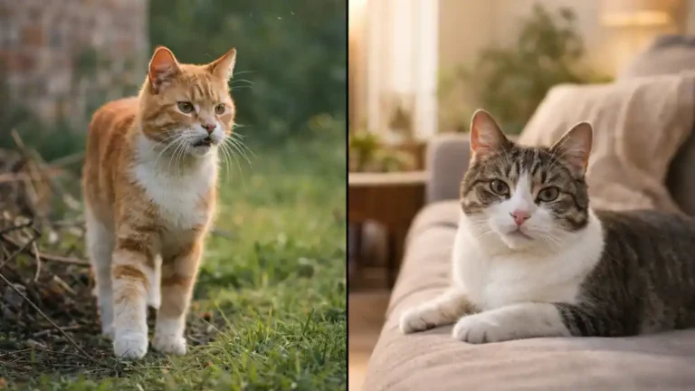 Comparaison entre un chat non stérilisé en extérieur et un chat stérilisé en intérieur illustrant l’impact de la stérilisation sur la durée de vie