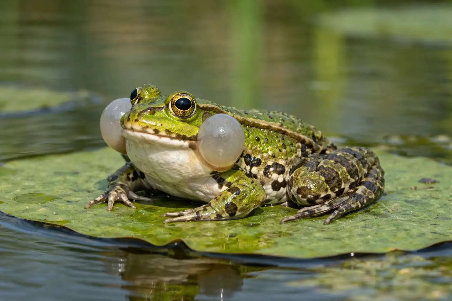 Grenouille verte posée sur un nénuphar à la surface d’une mare avec sacs vocaux gonflés et peau verte tachetée