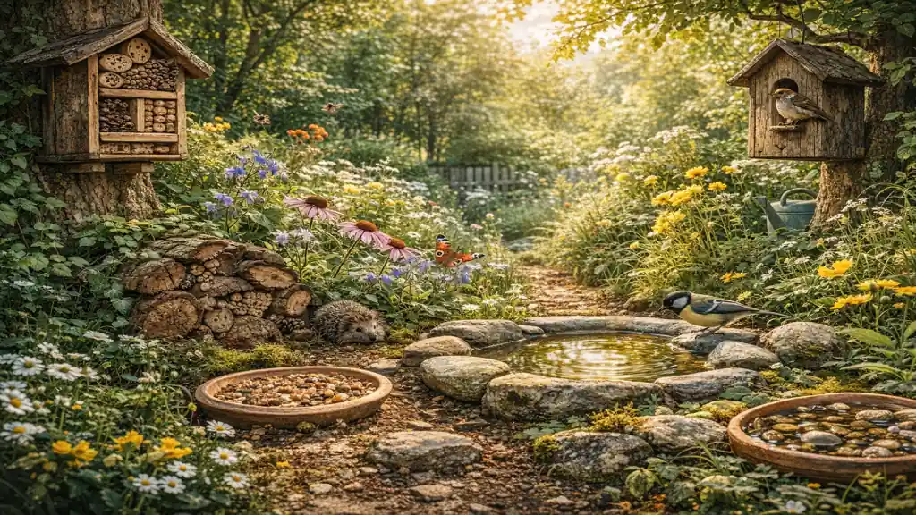 Jardin naturel avec point d’eau, nichoirs et fleurs mellifères attirant oiseaux, abeilles et hérisson