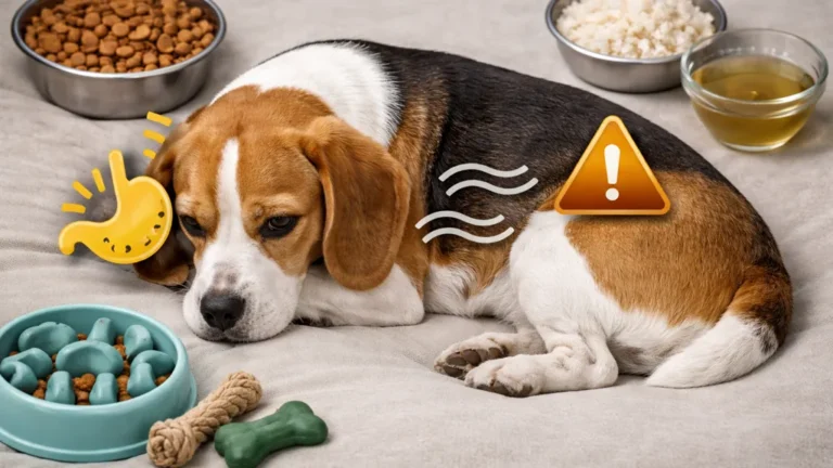 chien allongé ventre qui gargouille avec gamelles croquettes riz et eau symptomes digestion chien