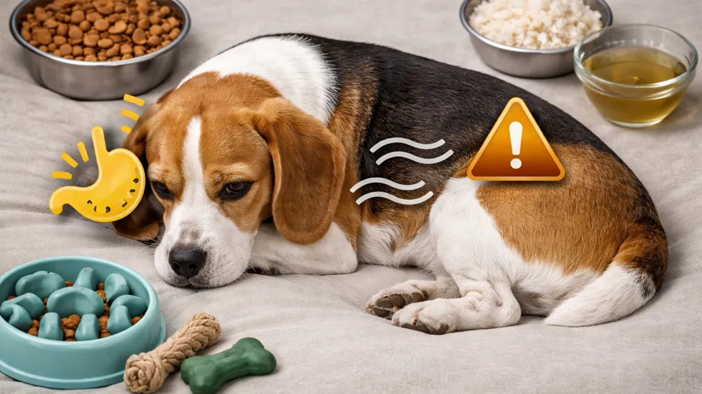 chien allongé ventre qui gargouille avec gamelles croquettes riz et eau symptomes digestion chien