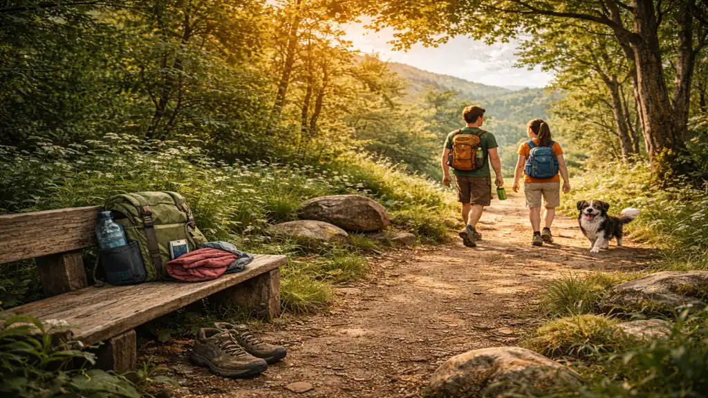 Couple marchant en forêt sur un sentier ensoleillé avec un chien, sortie nature bien-être de 30 minutes
