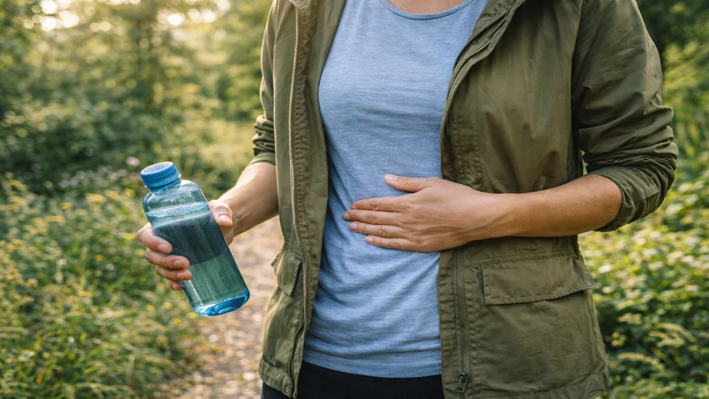 Personne marchant en forêt avec respiration consciente, main sur le ventre pour exercice de respiration en pleine nature
