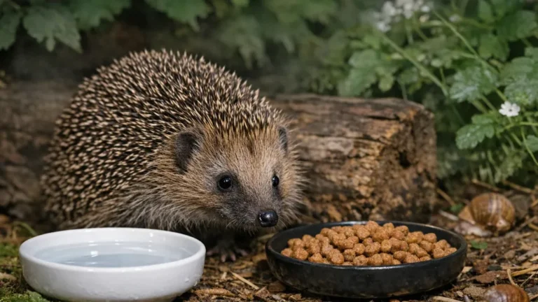 nourrir herisson dans un jardin avec croquettes pour chat et bol d eau la nuit en environnement naturel