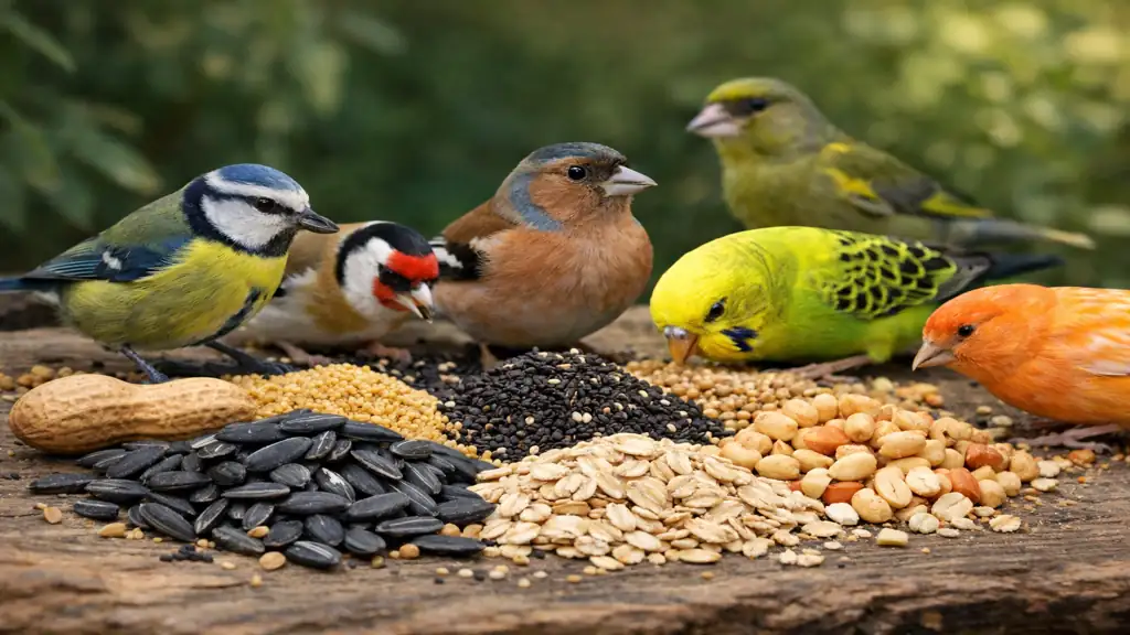 mélange de graines pour oiseaux avec mésanges pinsons perruches et canari se nourrissant sur une table en bois en extérieur