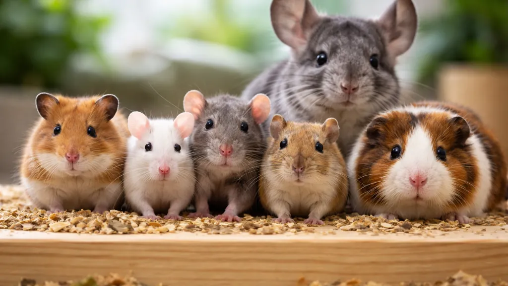 rongeur de compagnie hamster souris rat gerbille cobaye chinchilla regroupés sur une surface en bois avec fond naturel
