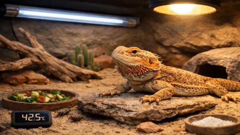 pogona vitticeps dragon barbu se chauffant sur un rocher dans un terrarium désertique éclairé par lampe UVB