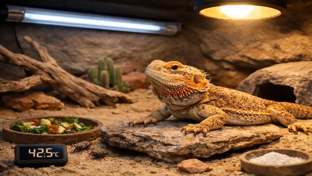 pogona vitticeps dragon barbu se chauffant sur un rocher dans un terrarium désertique éclairé par lampe UVB