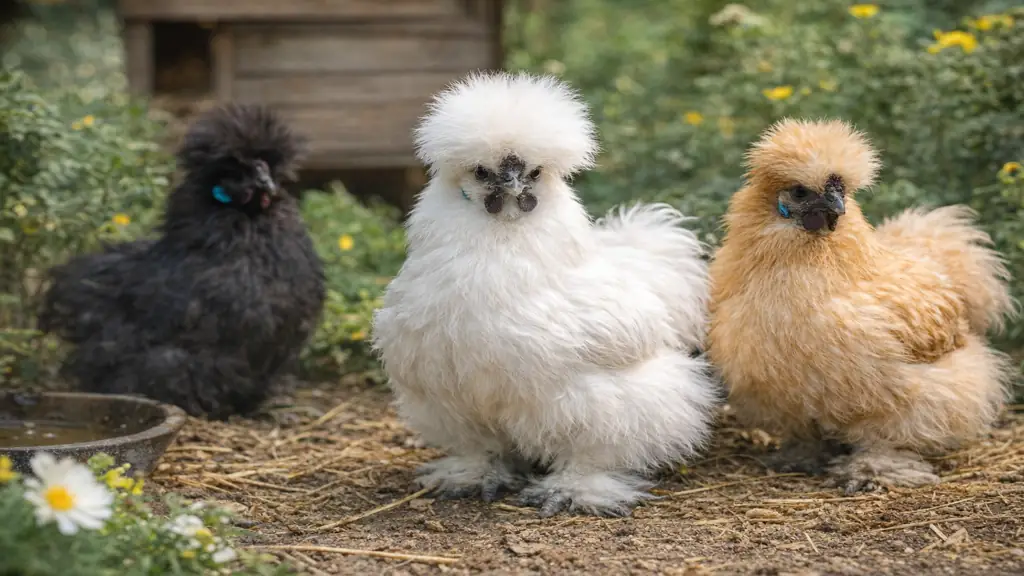poules de soie blanches, noires et fauves dans un jardin avec plumage duveteux et huppe caractéristique en lumière naturelle