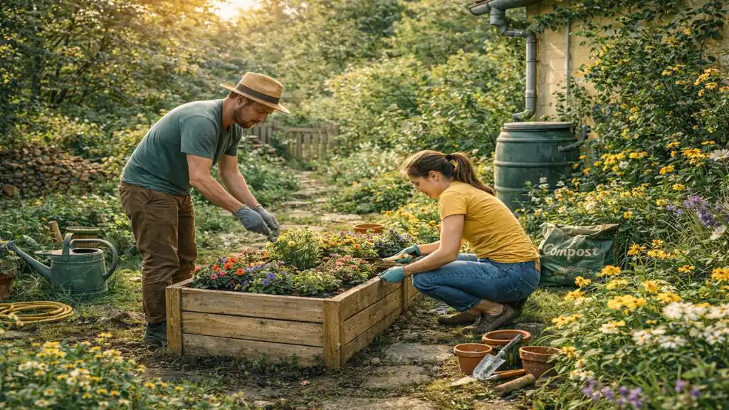 Couple préparant un jardin au printemps en plantant des fleurs dans un carré potager, outils et récupérateur d’eau visibles