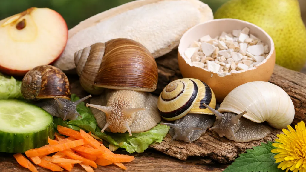 escargots de jardin mangeant légumes frais concombre carotte salade avec source de calcium coquille d'œuf et os de seiche