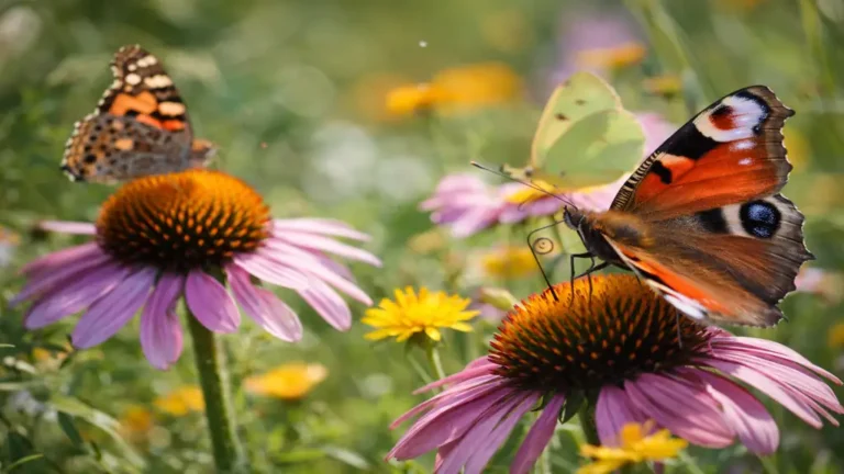 papillons se nourrissant de nectar sur des fleurs colorées avec proboscis déployé dans un jardin ensoleillé