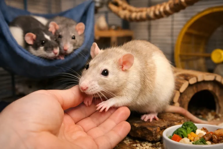 ratte domestique apprivoisée sur une main avec deux rats dans une cage aménagée en arrière-plan