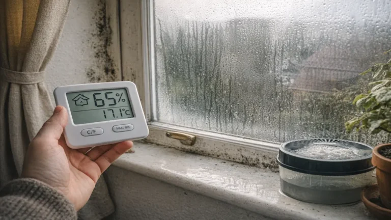 Condensation sur une fenêtre avec hygromètre affichant 65 % d’humidité et traces de moisissures sur les murs intérieurs