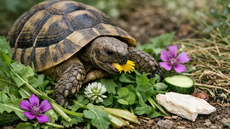 tortue de terre mangeant pissenlit et plantes sauvages avec feuilles trèfle et source de calcium dans environnement naturel