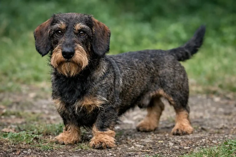 Teckel à poil dur adulte debout en extérieur avec barbe marquée, sourcils broussailleux et pelage rêche noir et feu